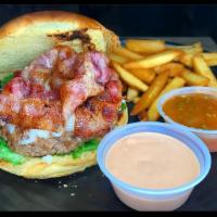 La Colombiana Burger w. Fries · Angus beef, bacon, lettuce, mozzarella cheese, potato chips crumbs, with pineapple salsa & p...