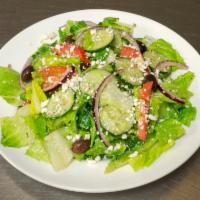 Greek Salad · Mixed lettuce, cucumbers, tomatoes, kalamata olives, and feta cheese, tossed in house dressi...