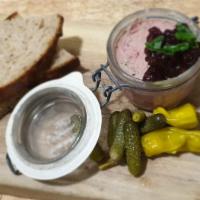 Liver Plate · Homemade liver pate with pickled vegetables and rye bread.