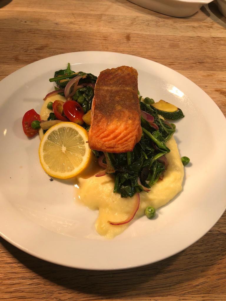 Salmon · Pan seared salmon, with mashed potato and mixed vegetables.