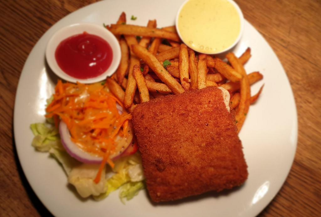 Fried Cheese · Fried cheese with homemade French fries, tartar sauce and small house salad.