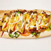 Philly Cheese Steak · Sliced pieces of beefsteak and melted cheese in a hero roll or bread. Comes with lettuce, to...
