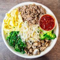BB Korean Beef Bowl · Jasmine Rice, 18 Hour Beef, Harvest Blend Greens, Roasted Broccoli, Kimchi, Mushroom, Sliced...