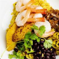 ESO Latin Citrus Shrimp Salad · Jasmine Rice, Chimichurri Shrimp, Cucumber, Fire-Roasted Corn, Pickled Jalapeños, Smashed Av...