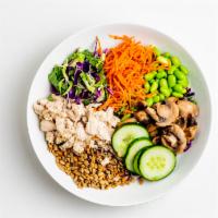 DGB Protein Punch Bowl · Chicken breast, mixed blend greens, shredded cabbage, roasted mushrooms, edamame, pickled ca...