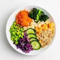 DGB Buddha's Bowl · Herbed barley topped with marinated tofu, shredded cabbage, edamame, pickled carrots, roaste...