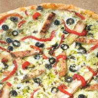 Chicken Pesto Artisan Pizza · A pesto sauce base layered with grilled chicken, roasted red peppers and black olives topped...