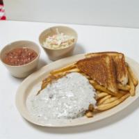 1pc Chicken Fried Steak Platter · Large breaded steaks, french fries, Texas toast, white gravy and two side vegetables.