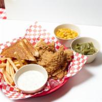 4pc Chicken Fried Chicken Platter · Chicken tenders, french fries, Texas toast and white gravy and two side vegetables. 