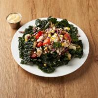 Harvest Kale Salad · Lucinato kale, red cabbage, grilled chicken, roasted cauliflower, corn, feta, grape tomatoes...