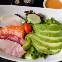Sashimi Salad · Mix green, avocado, assorted sashimi with ginger dressing