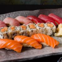 Tricolor Sushi · Three pieces of tuna, salmon and yellowtail with spicy crunchy tuna. Served with soup or sal...