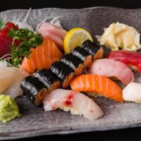 Sushi & Sashimi for One · Five pieces of sushi and eight pieces of sashimi and spicy tuna  roll. Served with soup or s...