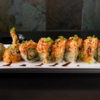 Angry Mamba Roll · Shrimp tempura and avocado topped with spicy crab.