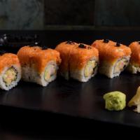 Kamikaze Roll · Shrimp tempura and cucumber topped with spicy crunchy tuna and black caviar.
