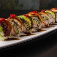Dragon Roll · Crab and cucumber topped with eel, avocado and tobiko.