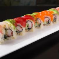 Rainbow Roll · Crab and cucumber with assorted fish on top. 