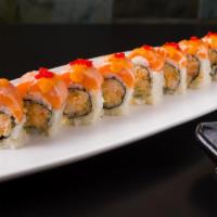 Sunshine Roll · Lobster salad and crunchy topped with seared spicy salmon.