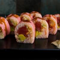 Pink Roll · Tuna, avocado, cucumber, crunchy, tobiko and spicy mayo with pink soy paper.