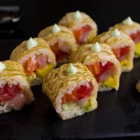 Gramercy Roll · Tuna, salmon, yellowtail, avocado, and cucumber with dashi nori and wasabi mayo.