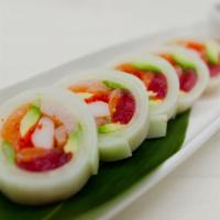 Perfect Naruto Roll · Salmon, tuna, yellowtail, crab, avocado and tobiko wrapped in cucumber. No rice.