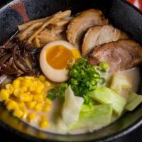 Tonkotsu Ramen · Pork broth with chashu pork, kikurage mushroom, menma bamboo, seasoned soft egg, cabbage, co...