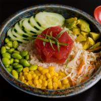 Hawaii Poke Bowl · Tuna, avocado, edamame bean, cucumber, carrot, corn, yuzu wasabi dressing.