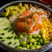 Aloha Poke Bowl · Salmon, avocado, edamame bean, cucumber, carrot, corn, yuzu wasabi dressing.