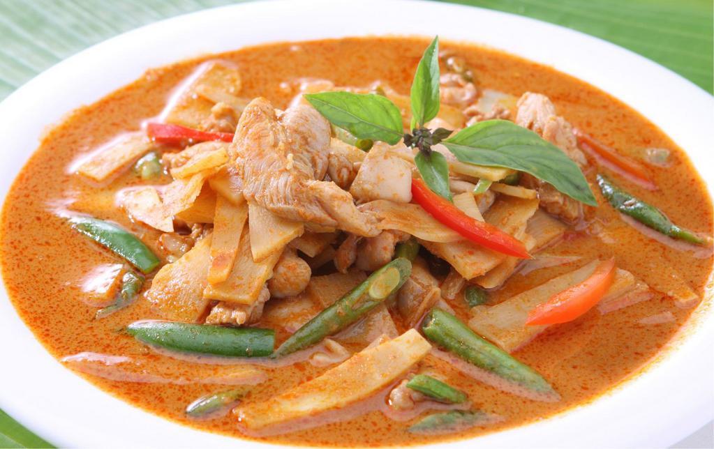 Red Curry (CHICKEN / SHRIMP / TOFU) · Coconut milk with eggplant, peppers, onions, bamboo shoots, lime leaves and basil leaves. Spicy.