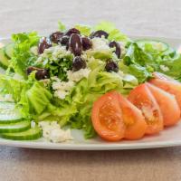 Greek Salad · Romaine lettuce, onion, olive oil, bell peppers, tomatoes, cucumber, feta cheese, dressed wi...