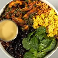 Superfood Quinoa Bowl (Vegan) · Red quinoa, baby kale, black beans, shiitake mushrooms, turmeric tofu, chimichurri, spiced t...