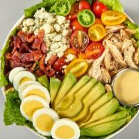Neighborhood Cobb Salad · Pulled chicken, applewood smoked bacon, blue cheese, hard boiled egg, cherry tomatoes, romai...