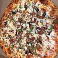 The Works Pizza · Pepperoni, Mushroom, Onion, Green Pepper, Italian Sausage, Black Olives, Green Olives, Beef,...