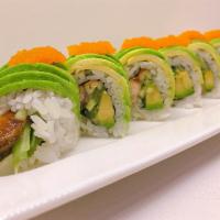 Green Dragon Roll · Eel roll top with avocado.