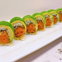 Rock and Roll · Spicy tuna, crunchy flake, top with avocado.