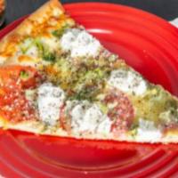 Garlic Supreme Pizza · Garlic base, mozzarella, ricotta, spinach, broccoli and tomato.