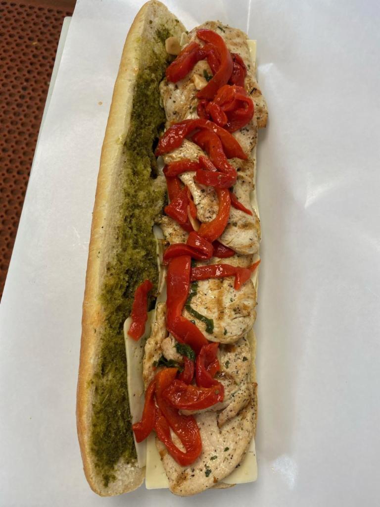 2. Grilled Chicken Pesto Sandwich · Grilled or fried chicken, fontina cheese, roasted peppers, pesto.