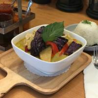 Green Curry · Bamboo shoots, eggplant, basil, bell peppers, coconut milk, string bean, long hot chili.Medi...