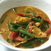 Panang Curry · String bean, bell pepper, coconut milk, peanut butter and long hot chili. Medium spicy