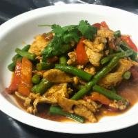 Pad Prig King · Bell pepper, strings beans and long hot chili. Medium spicy