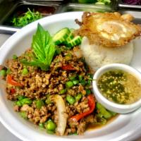 Ground Pork Basil · Bell pepper, string bean, onion, long hot chili served with fried egg. Medium spicy.