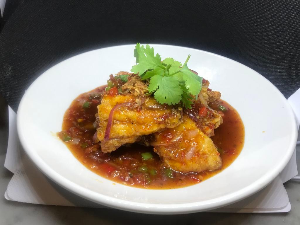 Chili Red Snapper · Bell pepper, garlic and onion. Medium spicy