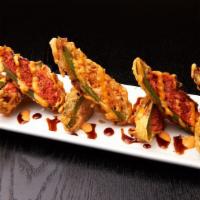 Stuffed Jalapenos · Jalapeno with spicy tuna and spicy salmon deep-fried with three different kinds of sauce. (N...