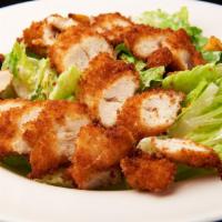 Fried Chicken Salad · Tossed fried chicken with tomatoes, cucumber and romaine lettuce with Italian dressing.