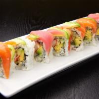 Rainbow Roll · Kani, avocado and cucumber inside with tuna, salmon, avocado on top.  