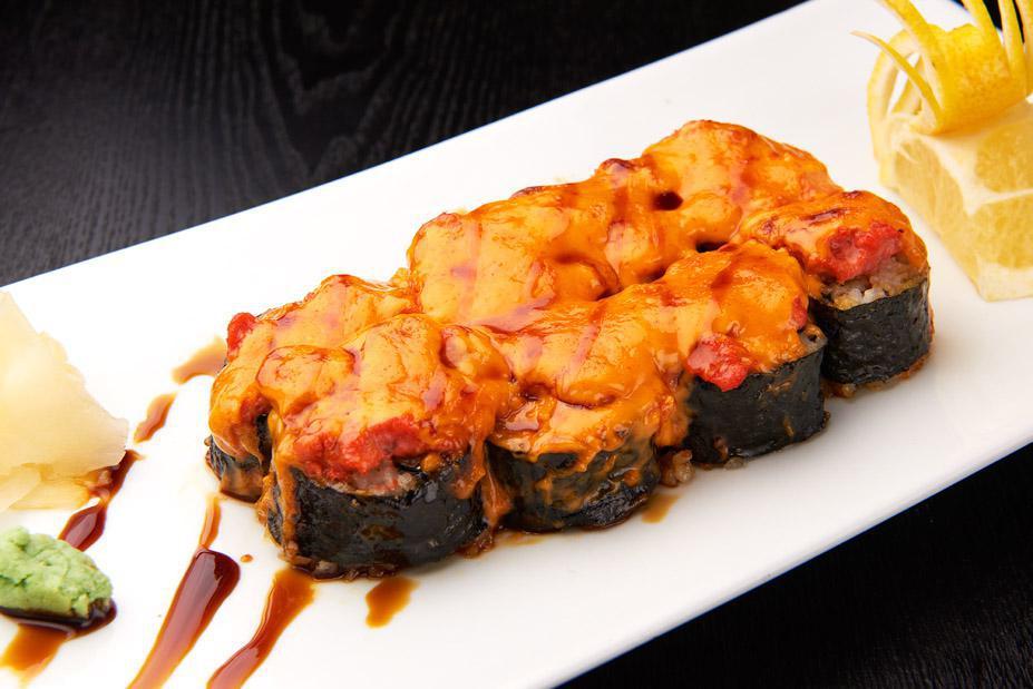 Dynamite Roll · Spicy tuna, spicy salmon and avocado inside with caviar on top. 