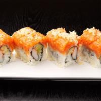 Tokyo Roll · Kani, cucumber and tobiko inside with spicy salmon with crunch on top. 