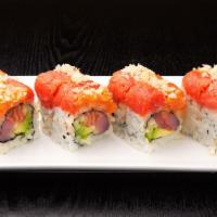 Shanghai Roll · Tuna, salmon, avocado and cucumber inside with spicy tuna and spicy salmon on top. 