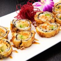Salmon Tempura Roll · Salmon and carrot deep-fried with three different kinds of sauces. 