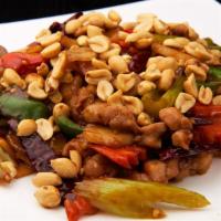 Kung Pao Chicken · Hot and spicy. Served with choice of rice. Chunks of chicken thigh served with mixed vegetab...